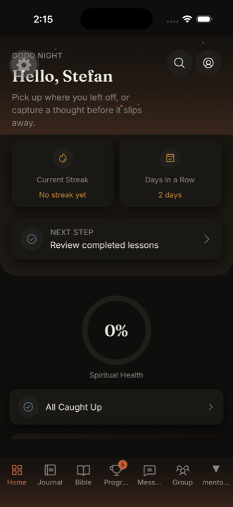 Foundry home screen showing your streak, next step, and progress