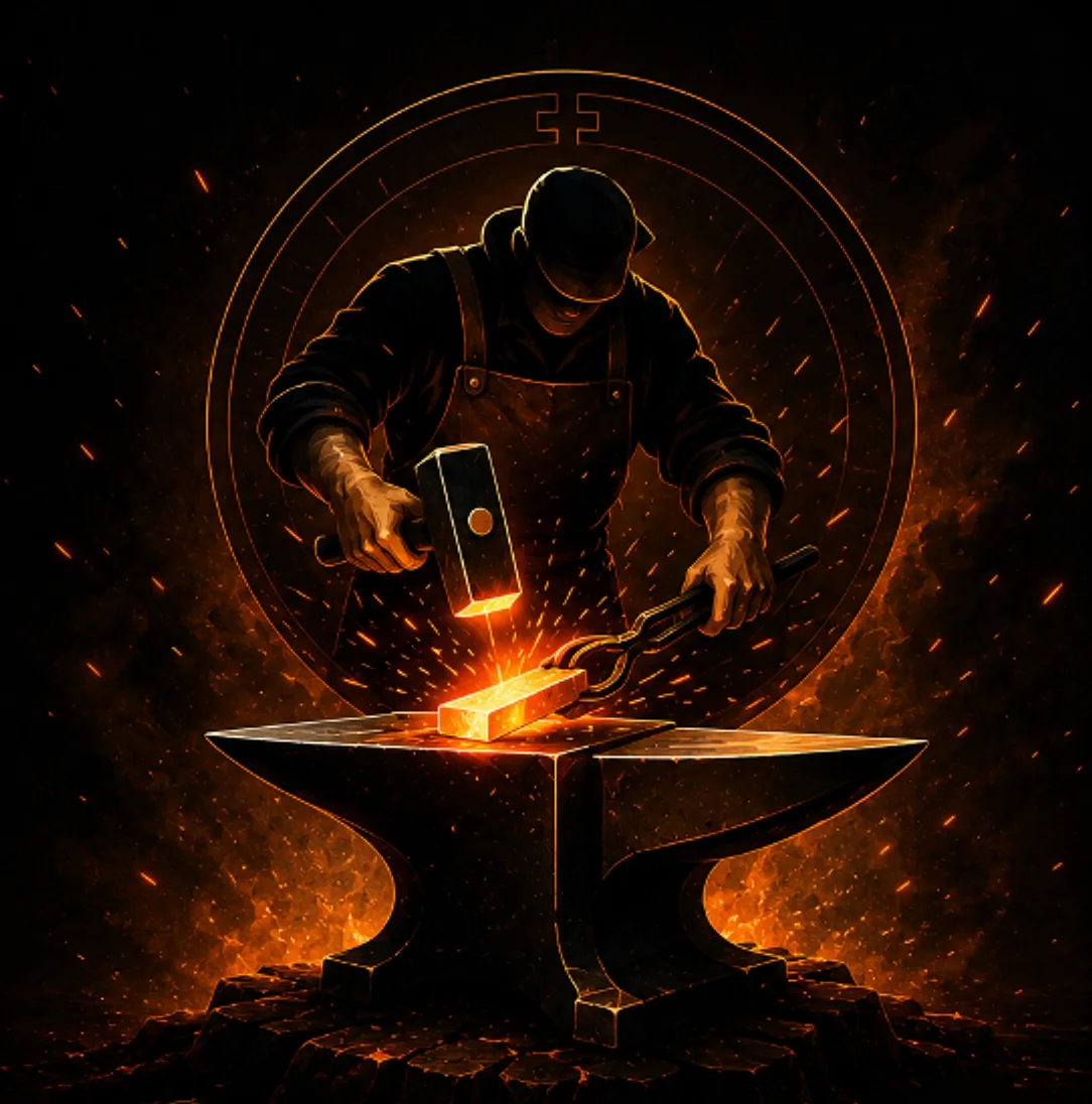 A blacksmith forging glowing iron on an anvil beneath a cross within a ring, sparks rising
